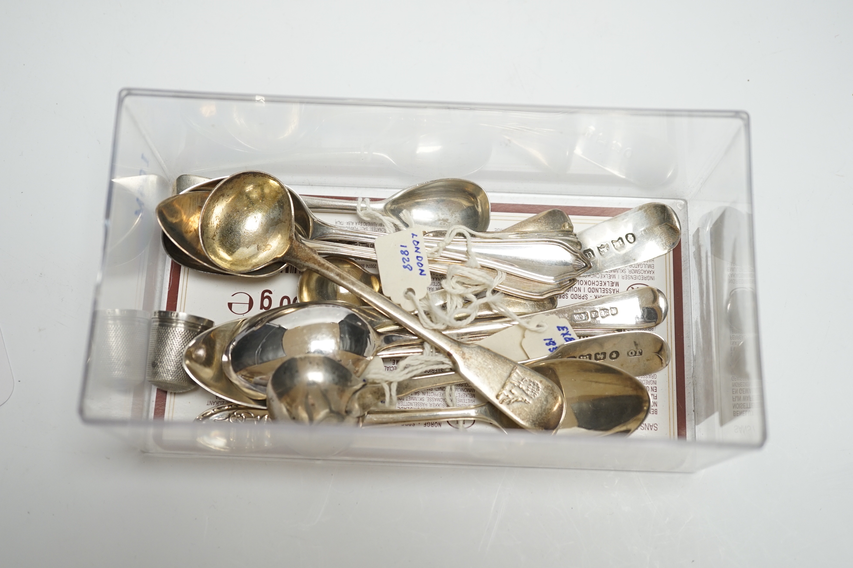 A small quantity of silver condiments and teaspoons, three silver thimbles and a sterling thimble.